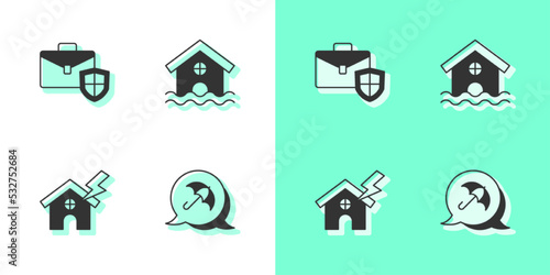 Set Umbrella, Briefcase with shield, House and lightning and flood icon. Vector