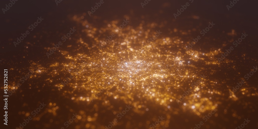 Street lights map of Paris (France) with tilt-shift effect, view from north. Imitation of macro shot with blurred background. 3d render, selective focus