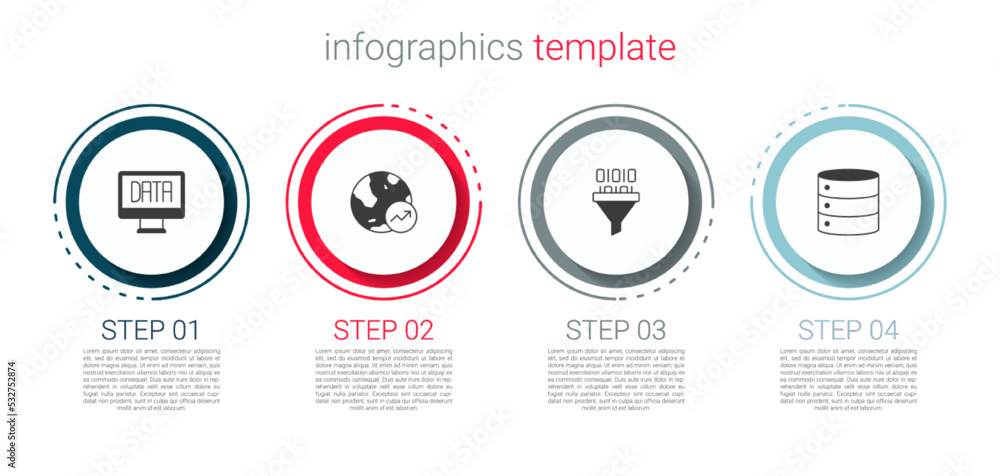 Naklejka premium Set Data analysis, Financial growth, Binary code and Server. Business infographic template. Vector
