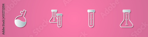 Set paper cut Test tube, and icon. Paper art style. Vector