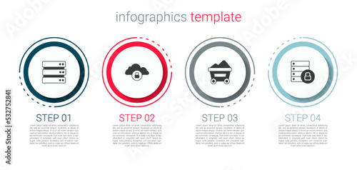 Set Server, Cloud computing lock, Coal mine trolley and security with padlock. Business infographic template. Vector
