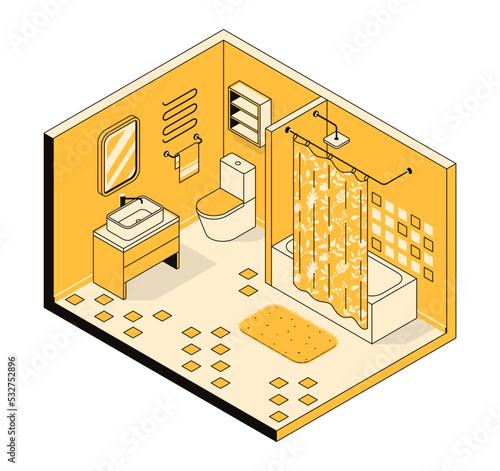 Vector isometric illustration, 3d modern bathroom interior concept, arrangement of furniture and plumbing. Home furnishing collection, indoor environment. Apartment template for hotel, real estate
