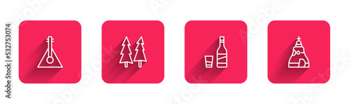 Set line Balalaika, Christmas tree, Bottle of vodka with glass and The Tsar bell with long shadow. Red square button. Vector