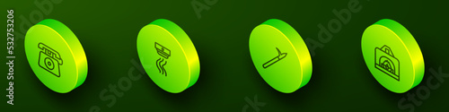 Set Isometric line Telephone call 911, Smoke alarm system, Metal pike pole and Interior fireplace icon. Vector