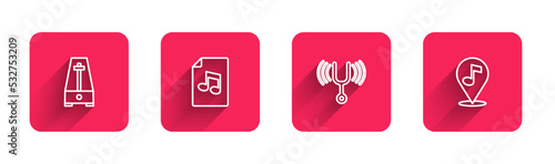 Set line Metronome with pendulum, Music book note, Musical tuning fork and Location musical with long shadow. Red square button. Vector