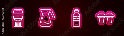 Set line Water cooler, Jug glass with water, Bottle of and filter. Glowing neon icon. Vector