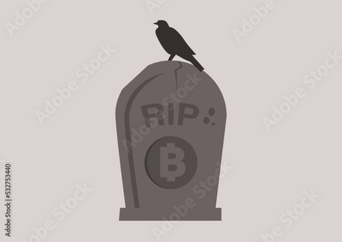 A bitcoin gravestone with a spooky bird silhouette sitting on top of it, a cryptocurrency crisis