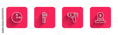 Set line Radius, Calliper or caliper and scale, Digital thermometer and Diameter with long shadow. Red square button. Vector
