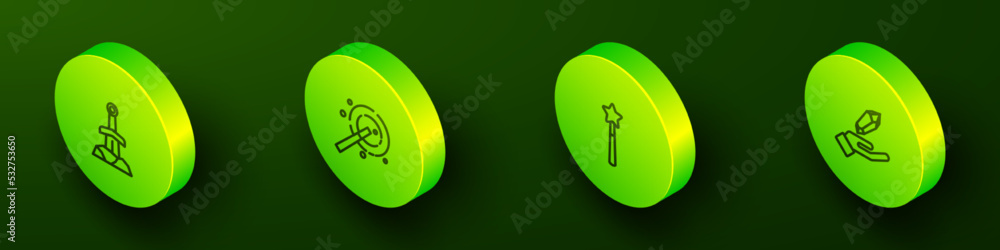 Set Isometric line Sword in the stone, Magic wand, and icon. Vector Set Isometric line Sword in the stone, Magic wand, and icon. Vector