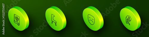Set Isometric line Psychology book, Psi, Armchair, Drama theatrical mask and Man graves funeral sorrow icon. Vector