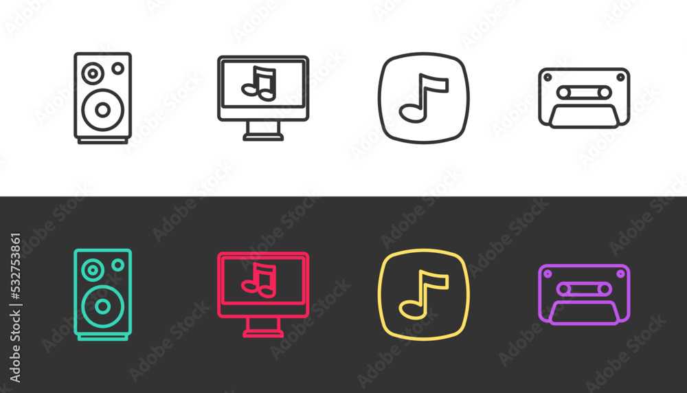 Set line Stereo speaker, Computer with music note, Music note, tone and Retro audio cassette tape on black and white. Vector Set line Stereo speaker, Computer with music note, Music note, tone and Retro audio cassette tape on black and white. Vector