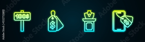 Set line Hand holding auction paddle, Price tag with Sale, Auction jewelry sale and Online. Glowing neon icon. Vector