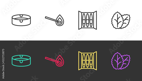 Set line Ashtray, Burning match with fire, Cigar and Tobacco leaf on black and white. Vector