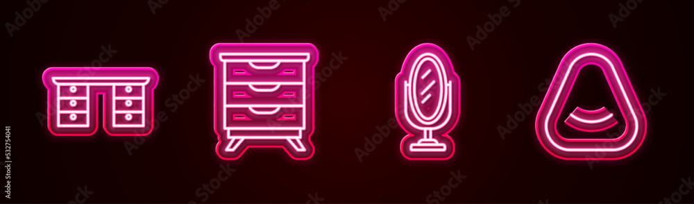 Set line Office desk, Furniture nightstand, Mirror and Pouf. Glowing neon icon. Vector Set line Office desk, Furniture nightstand, Mirror and Pouf. Glowing neon icon. Vector