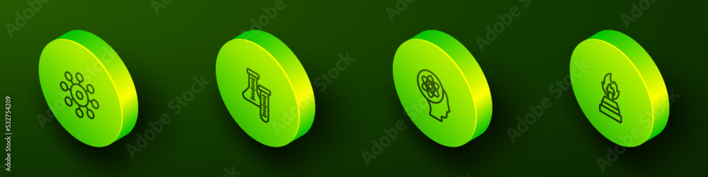 Set Isometric line Virus, Test tube, Atom and Alcohol or spirit burner icon. Vector Set Isometric line Virus, Test tube, Atom and Alcohol or spirit burner icon. Vector