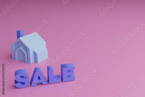 1 residential houses on pink background with word sale , house selection, housing selection, finding a home, 3d illustration with soft light