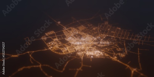 Street lights map of Tabuk (Saudi Arabia) with tilt-shift effect, view from south. Imitation of macro shot with blurred background. 3d render, selective focus