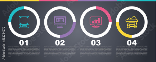 Set line Server, Data analysis, Pie chart infographic and Coal mine trolley. Business infographic template. Vector