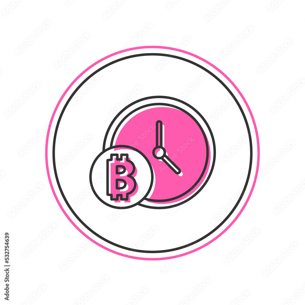 Filled outline Cryptocurrency coin Bitcoin with clock icon isolated on white background. Physical bit coin. Blockchain based secure crypto currency. Vector Filled outline Cryptocurrency coin Bitcoin with clock icon isolated on white background. Physical bit coin. Blockchain based secure crypto currency. Vector
