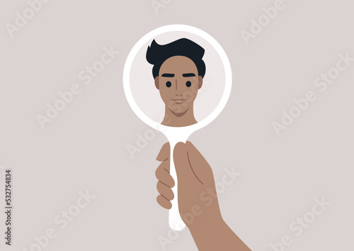 A young male Caucasian character looking at their reflection in the mirror, self love and confidence