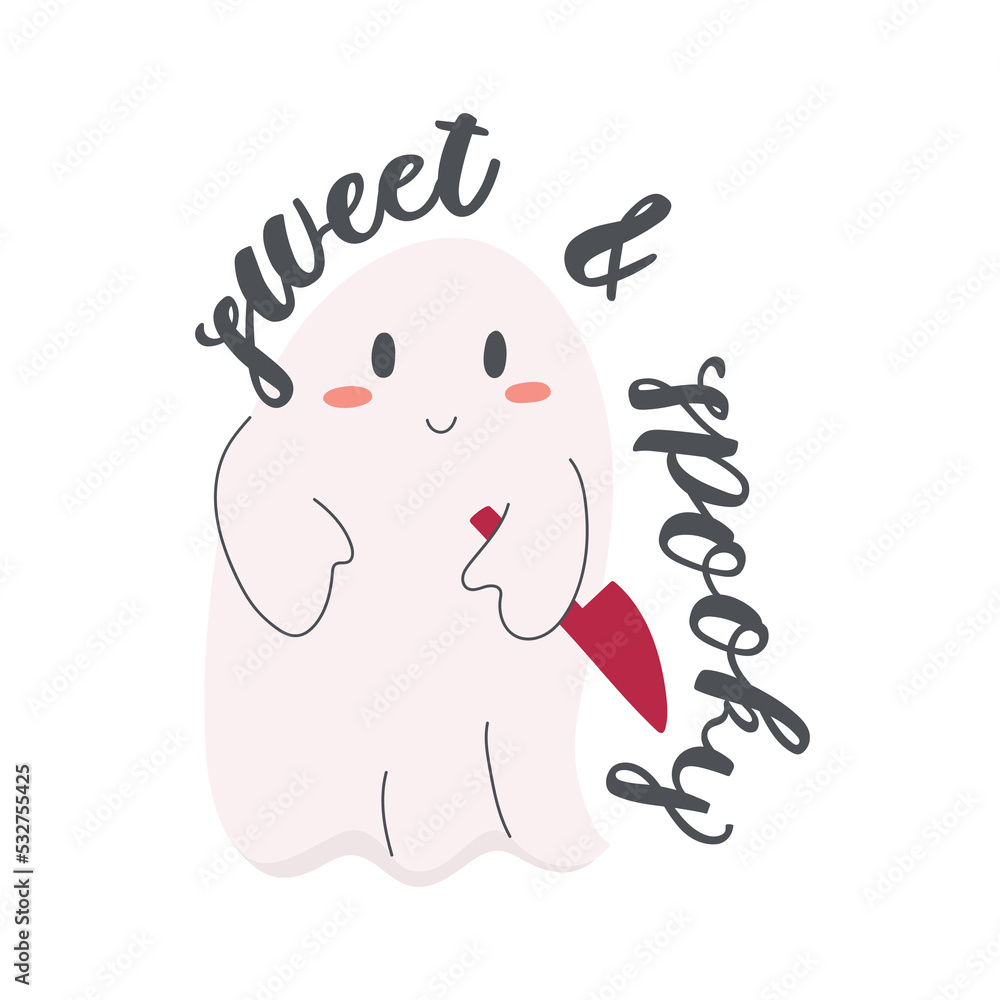 Cute ghost with a knife with brush calligraphy Sweet and spooky. Halloween hand drawn vector illustration. Cute ghost with a knife with brush calligraphy Sweet and spooky. Halloween hand drawn vector illustration.