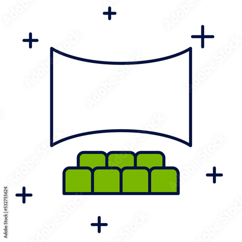 Filled outline Cinema auditorium with screen icon isolated on white background. Vector