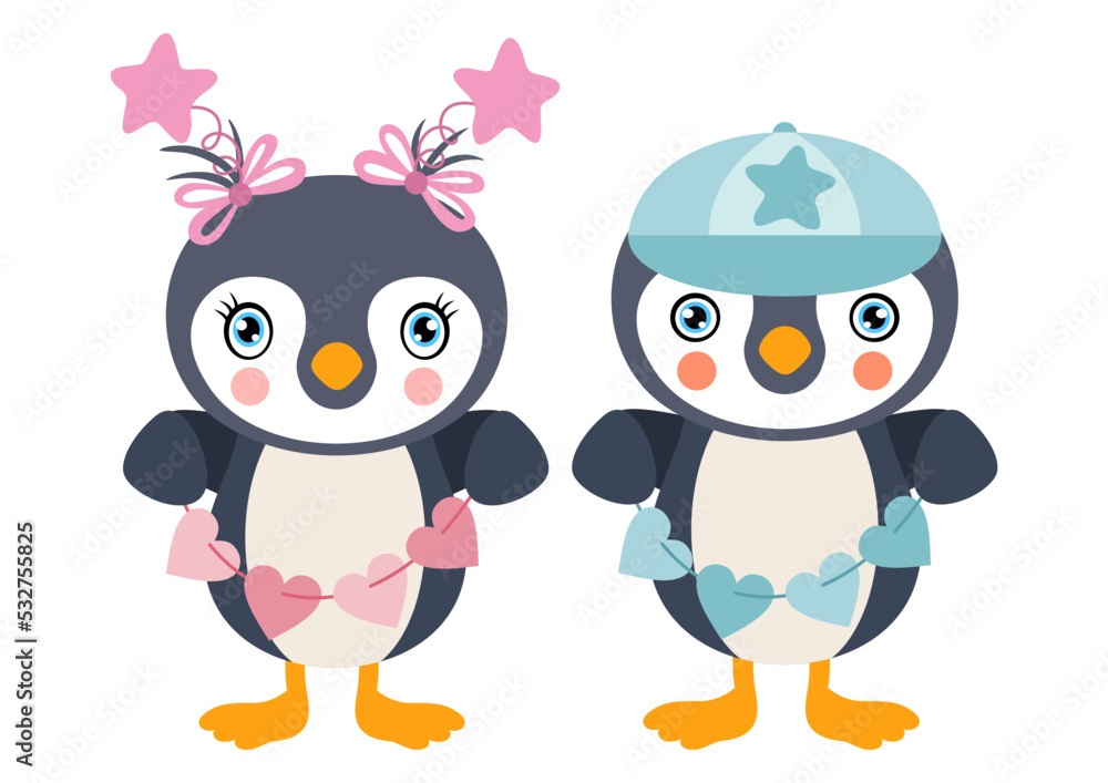 Pink and blue baby penguin holding string of hearts