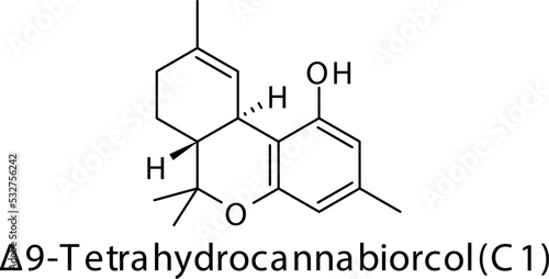 Δ9-Tetrahydrocannabiorcol molecular structure on white background. Pharmaceutical natural compound skeletal formula.
