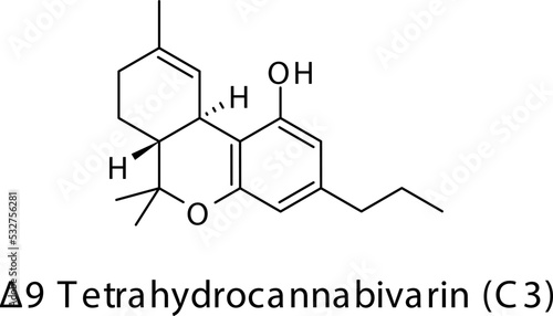 Δ9-Tetrahydrocannabivarin molecular structure on white background. Pharmaceutical natural compound skeletal formula.