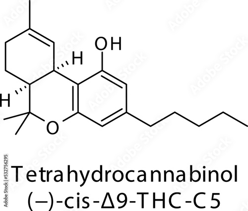 Tetrahydrocannabinol molecular structure on white background. Pharmaceutical natural compound skeletal formula.