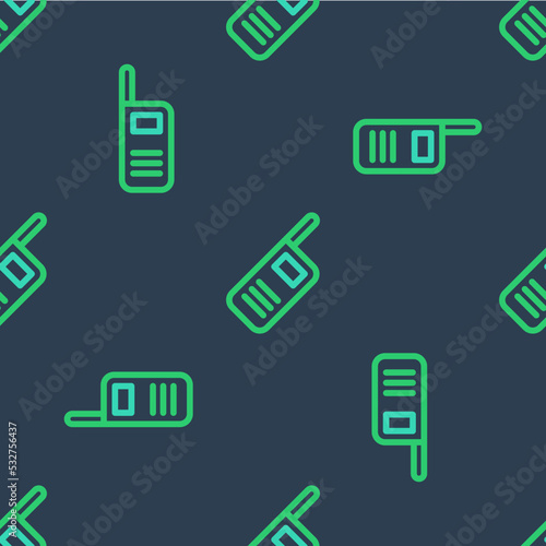 Line Walkie talkie icon isolated seamless pattern on blue background. Portable radio transmitter icon. Radio transceiver sign. Vector © Kostiantyn
