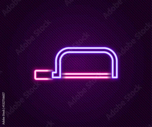 Glowing neon line Hacksaw icon isolated on black background. Metal saw for wood and metal. Colorful outline concept. Vector