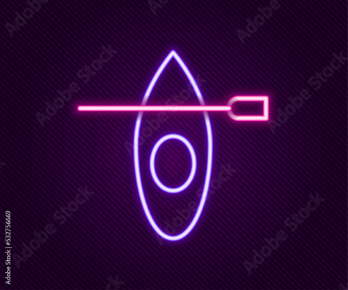 Glowing neon line Kayak and paddle icon isolated on black background. Kayak and canoe for fishing and tourism. Outdoor activities. Colorful outline concept. Vector