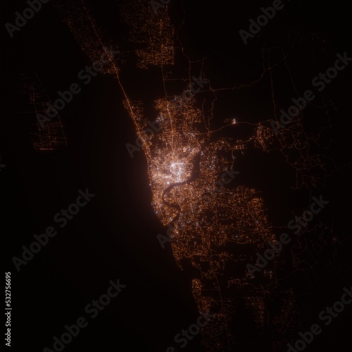 Chittagong  Bangladesh  street lights map. Satellite view on modern city at night. Imitation of aerial view on roads network. 3d render