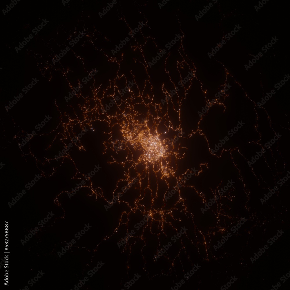 Sucre (Bolivia) street lights map. Satellite view on modern city at night. Imitation of aerial view on roads network. 3d render