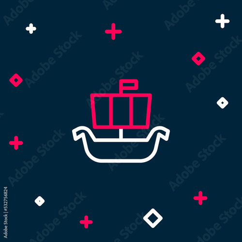 Line Ancient viking scandinavian drakkar icon isolated on blue background. Viking transport ship. Colorful outline concept. Vector