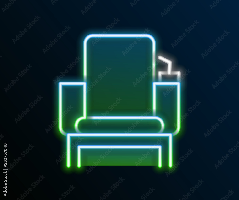Glowing neon line Cinema chair icon isolated on black background. Colorful outline concept. Vector Glowing neon line Cinema chair icon isolated on black background. Colorful outline concept. Vector