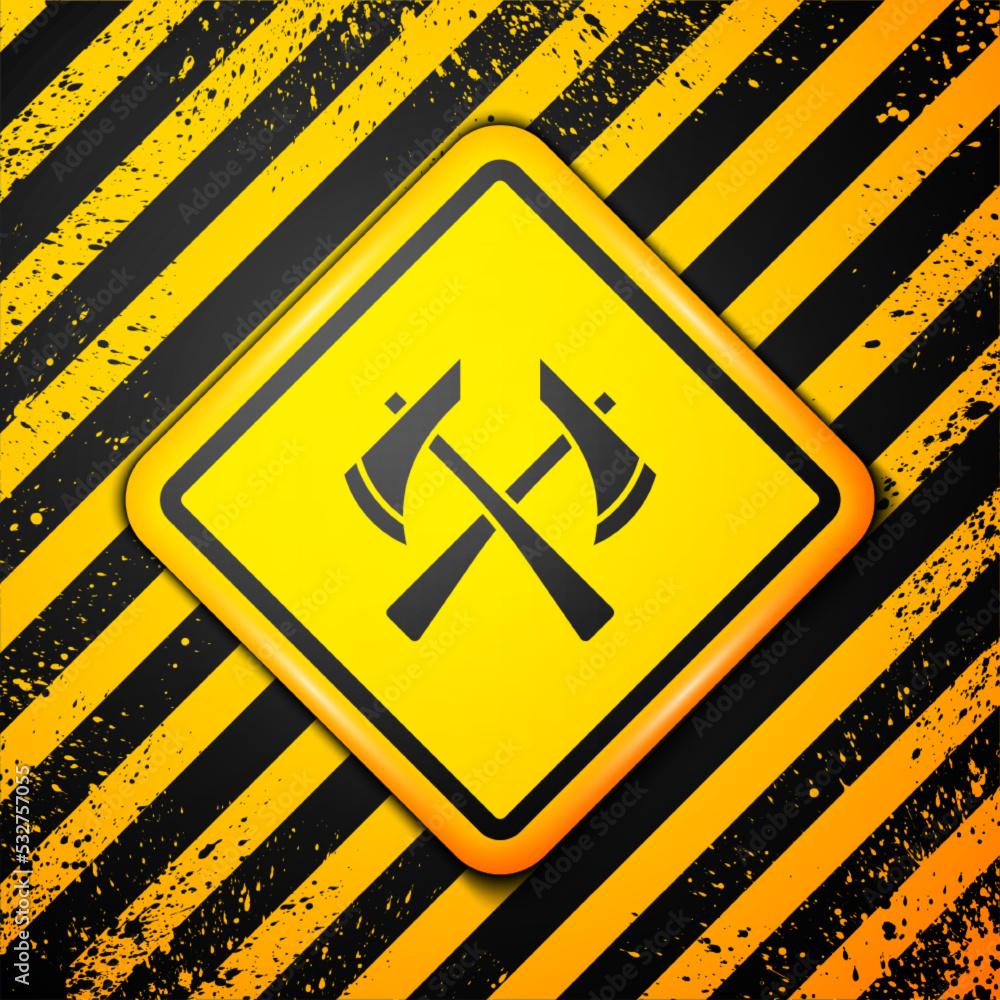 Black Firefighter axe icon isolated on yellow background. Fire axe. Warning sign. Vector Black Firefighter axe icon isolated on yellow background. Fire axe. Warning sign. Vector