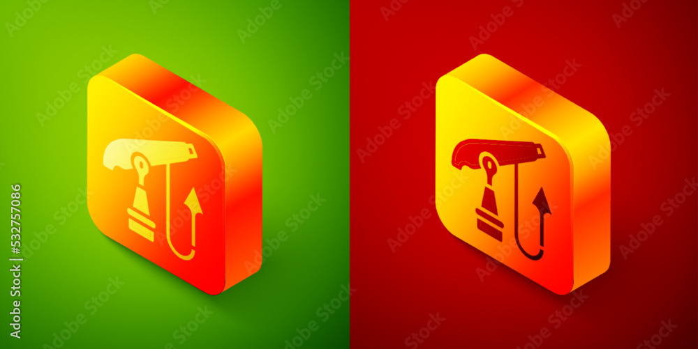 Isometric Fishing harpoon icon isolated on green and red background. Fishery manufacturers for catching fish under water. Diving underwater equipment. Square button. Vector Isometric Fishing harpoon icon isolated on green and red background. Fishery manufacturers for catching fish under water. Diving underwater equipment. Square button. Vector