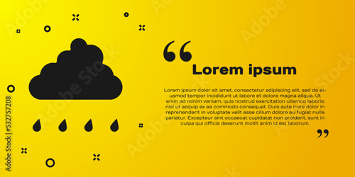 Black Cloud with rain icon isolated on yellow background. Rain cloud precipitation with rain drops. Vector