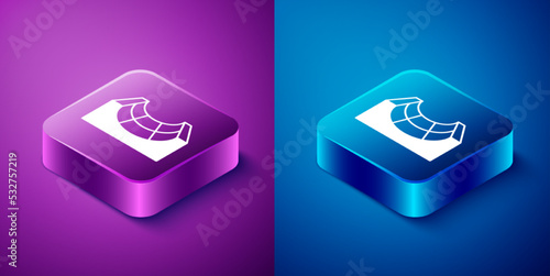 Isometric Skate park icon isolated on blue and purple background. Set of ramp, roller, stairs for a skatepark. Extreme sport. Square button. Vector