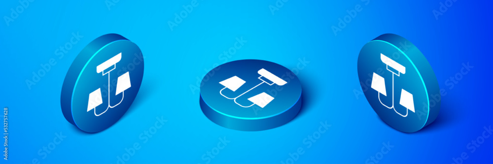 Isometric Chandelier icon isolated on blue background. Blue circle button. Vector Isometric Chandelier icon isolated on blue background. Blue circle button. Vector
