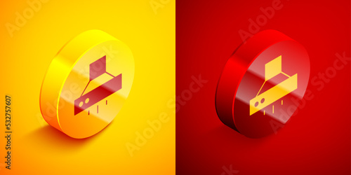 Isometric Kitchen extractor fan icon isolated on orange and red background. Cooker hood. Kitchen exhaust. Household appliance. Circle button. Vector