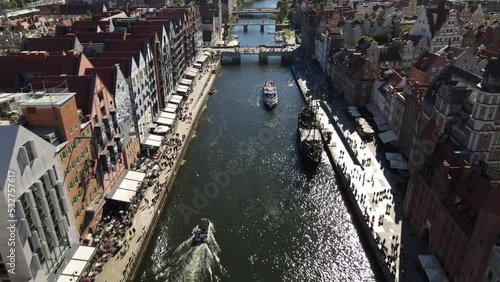 View from the drone on the old town of Gdansk on the Moltawa River.