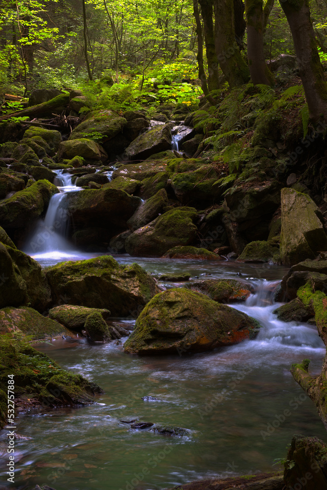 Bílá opava river in Jeseniky mountains in Czech republic in the summer. A small waterfall in the middle of the forest. Bílá opava river in Jeseniky mountains in Czech republic in the summer. A small waterfall in the middle of the forest.