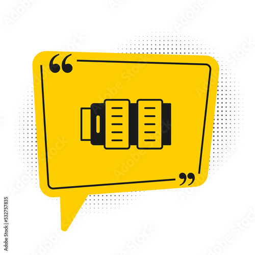 Black Camera photo lens icon isolated on white background. Yellow speech bubble symbol. Vector