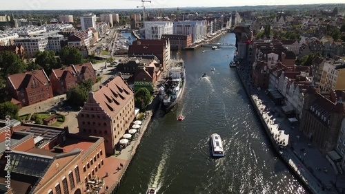 View from the drone on the old town of Gdansk on the Moltawa River.