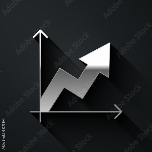 Silver Financial growth increase icon isolated on black background. Increasing revenue. Long shadow style. Vector