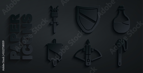 Set Battle crossbow with arrow, Old bottle of wine, Medieval flag, axe, Shield and Torch flame icon. Vector