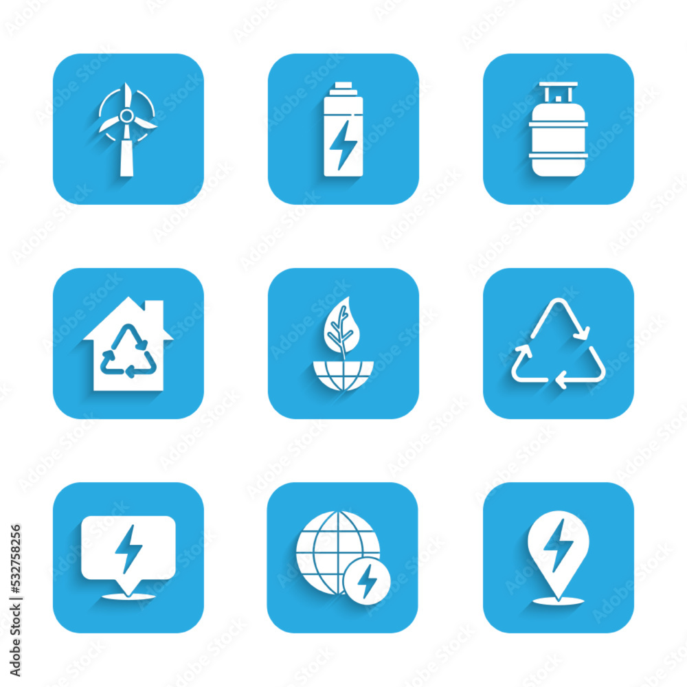 Set Earth globe and leaf, Global energy power planet, Lightning bolt, Recycle symbol, Eco House with recycling, Propane gas tank and Wind turbine icon. Vector Set Earth globe and leaf, Global energy power planet, Lightning bolt, Recycle symbol, Eco House with recycling, Propane gas tank and Wind turbine icon. Vector